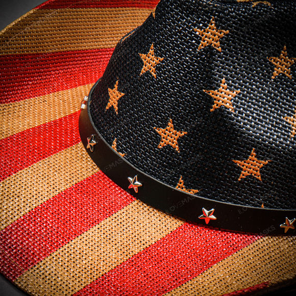 Cowboy USA Flag Curved Brim Party Hat - Blue Red - Picture 9 of 10